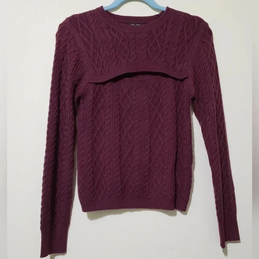 Love Tree Burgundy‎ Cable Knit Cutout Sweater Women medium